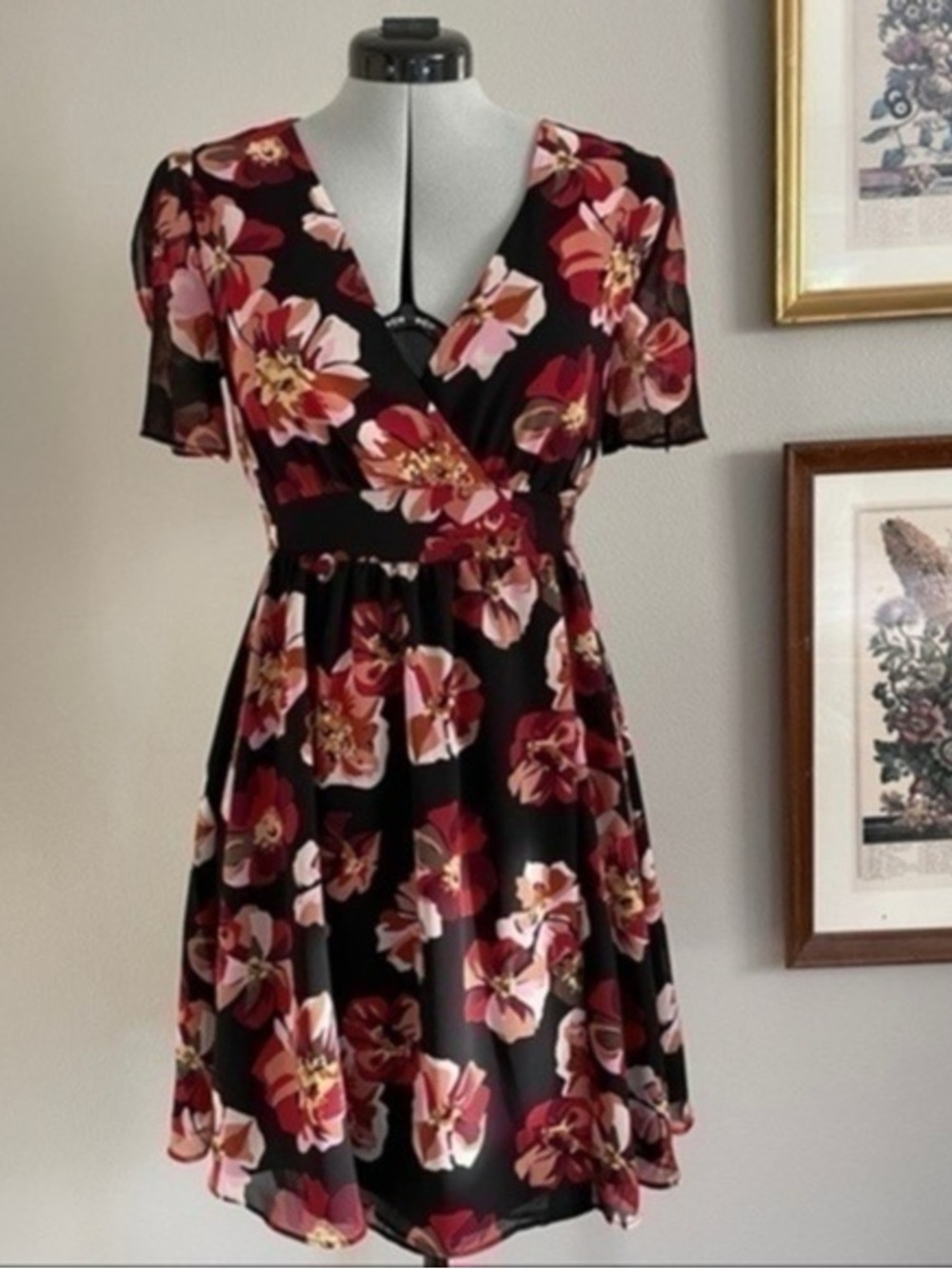 Floral V-Neck Black & Burgundy Wrap Dress